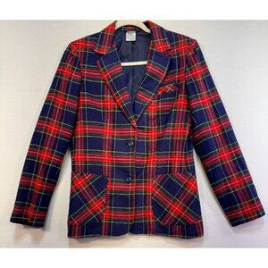 Vintage Plaid Womens Blazer Jacket Wool Blend Size 11 Red & Blue